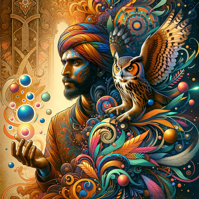 Dan Mumford Style Poster Art: South Asian Man and Owl Fusion