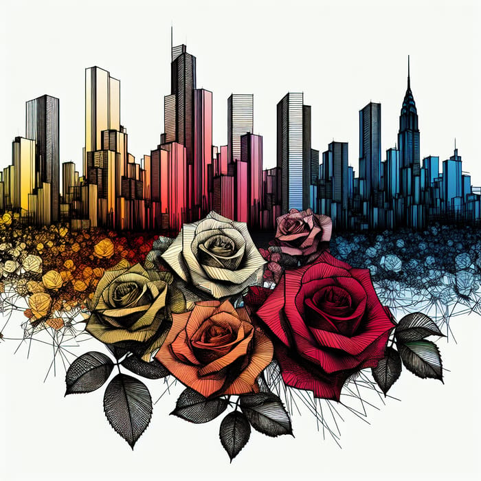 Minimalist Cityscape Silhouette with Realistic Roses