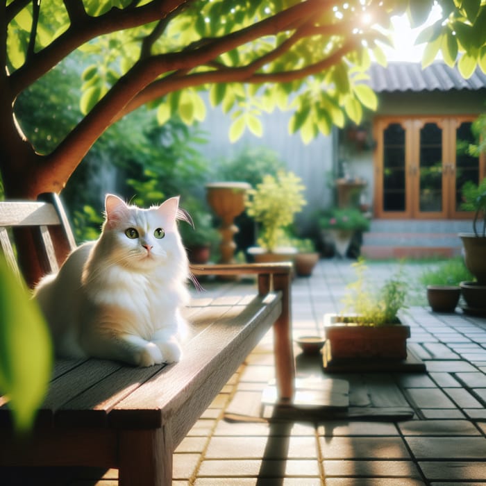 Serene White Cat Enjoying Sunlight on Garden Patio