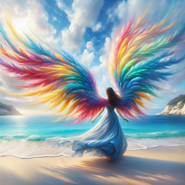 Rainbow Gown Girl Soaring with Wings | Beach Serenity Scene