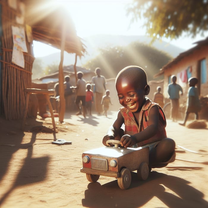 Cheerful African Boy Playing Homemade Toy Car in Sunny Village
