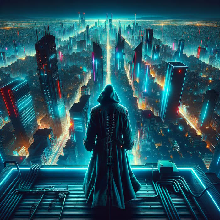 Neon Cyberpunk Cityscape - Mysterious Figure on Rooftop