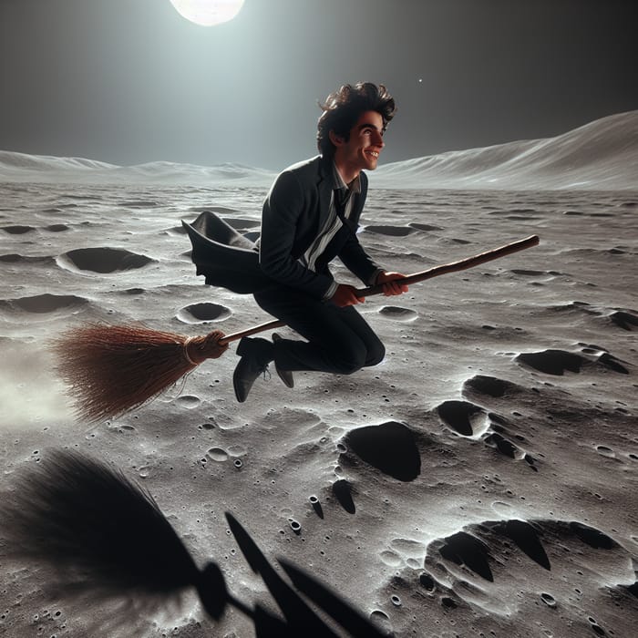 Hispanic Male Flying Broomstick Over Moon's Craters