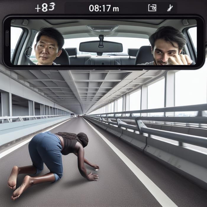 Captivating Scene: Car Travelling Over Bridge with Asian Man and African Woman