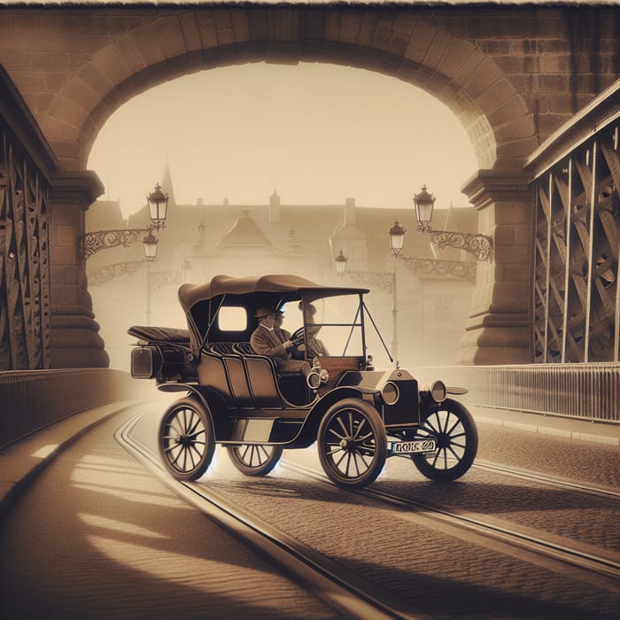 Vintage Car Crossing Historic Bridge - Capturing a Bygone Era