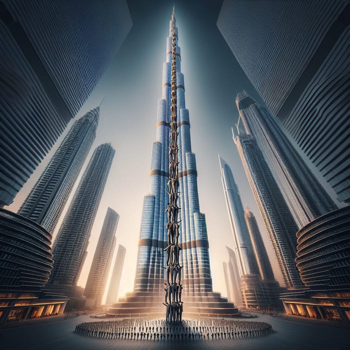 Surreal Tower of People by the World's Tallest Skyscraper