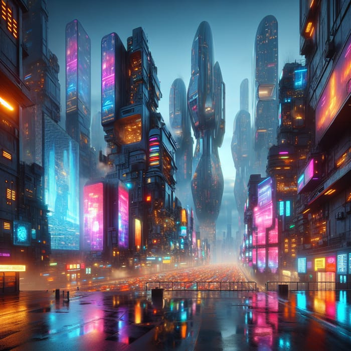 Cyberpunk Futuristic Cityscape at Dusk with Neon Lights Reflection