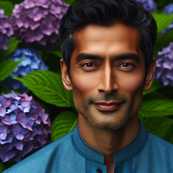 Portrait of Approachable Man in Blue Shirt with Lush Purple Hydrangeas