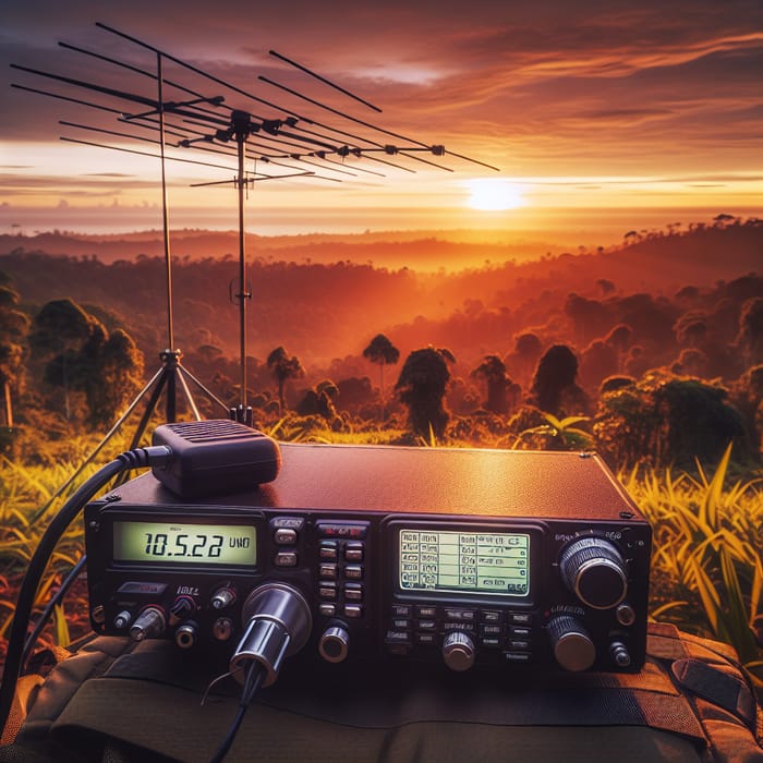 Amateur Radio Transceiver Setup at Tropical Sunset