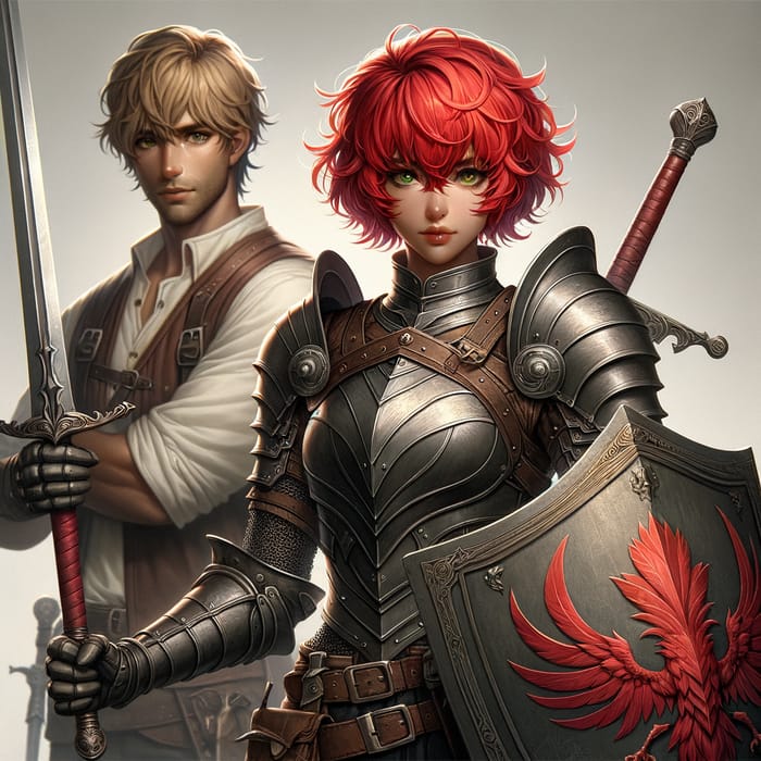 Red-Haired Girl with Sword, Shield Protects Male Companion