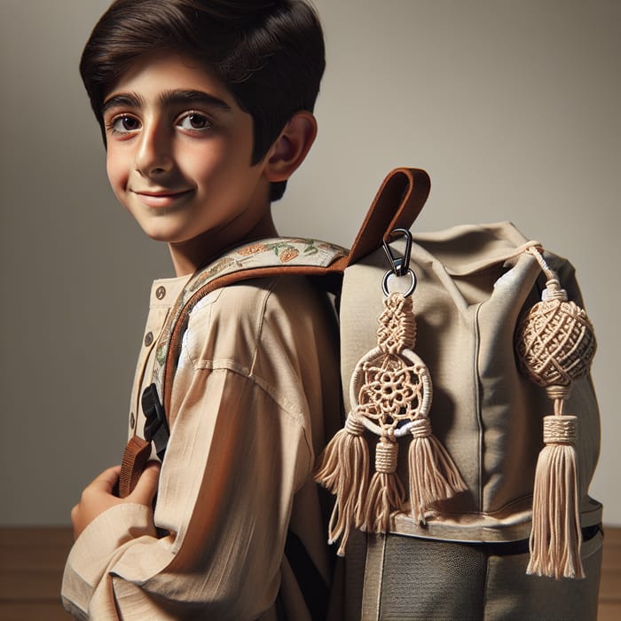 Middle Eastern Boy with Macrame Keychain and Body Bag