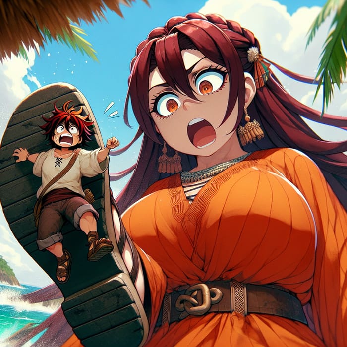 Giantess Nami Crushing Person Underfoot on Tropical Island