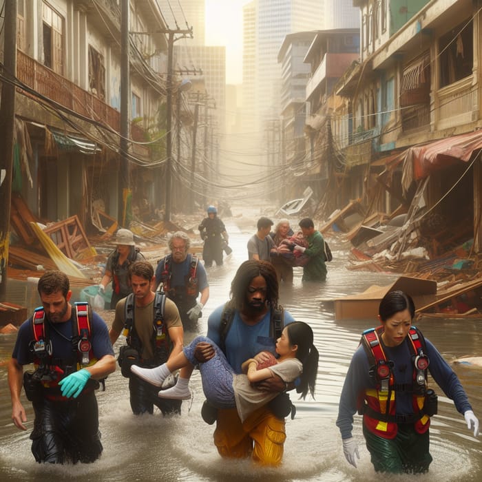 Post-Typhoon Relief: Multiethnic Rescue Team Responding