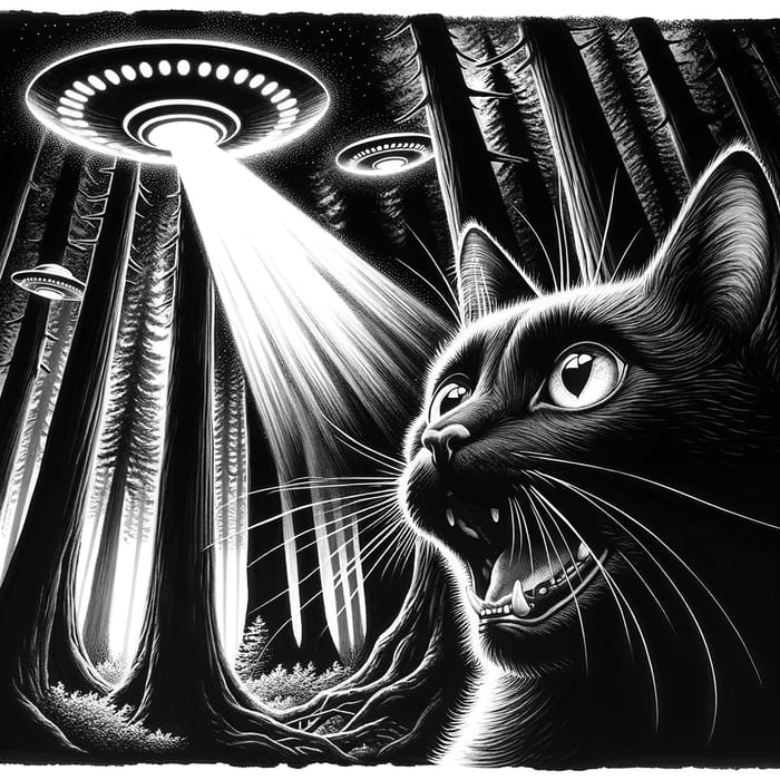 Mystical Encounter: Cat, Saucers & Forest in Chiaroscuro