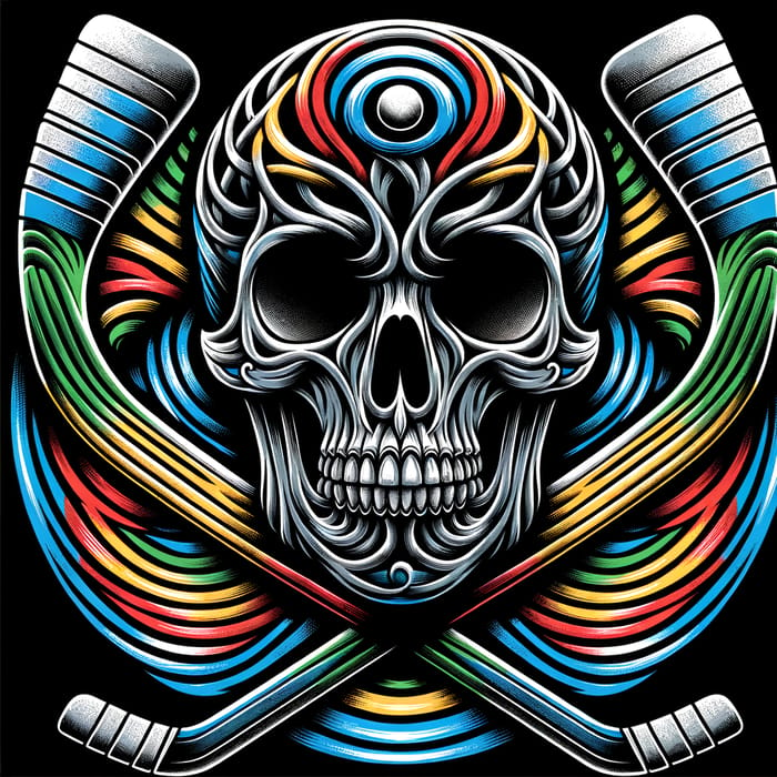Psychedelic Steel Skull with Ice Hockey Sticks - Tie Dye Art