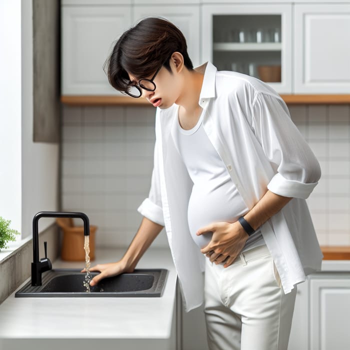 Teenage Korean Boy with Pregnant Belly Vomiting in Kitchen Sink