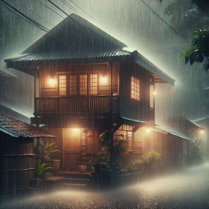 Tranquil Night Scene | Filipino House in Heavy Rain