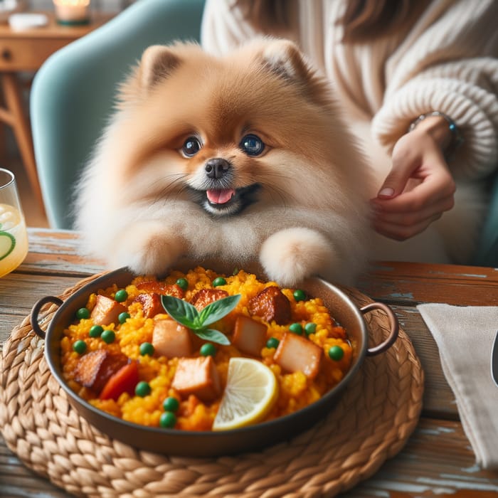 Fluffy Pomeranian Eating Paella - Cute Dog Moment