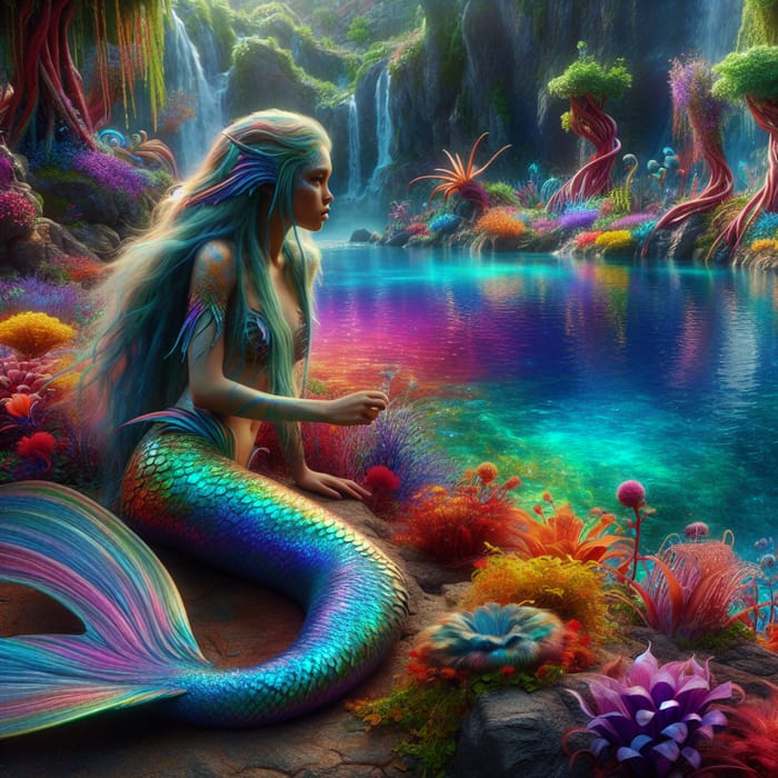 Colorful Mermaid Sitting by the Vibrant Water's Edge