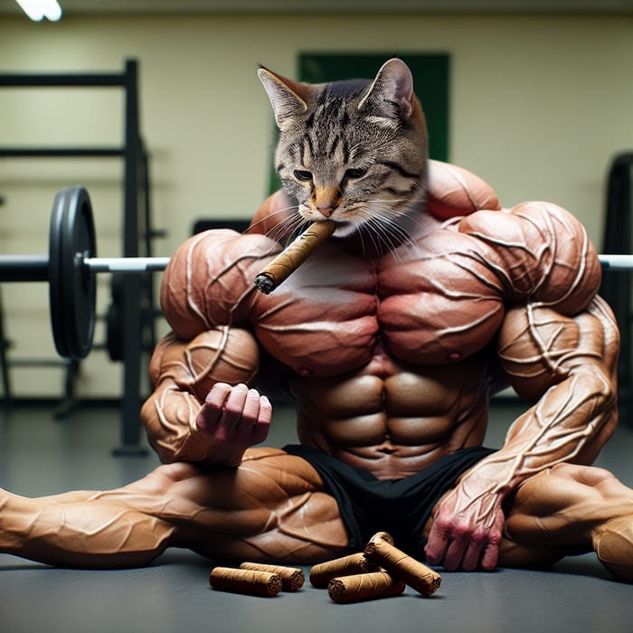 Cat in the Gym: Muscular Feline Relaxing with a Cigar