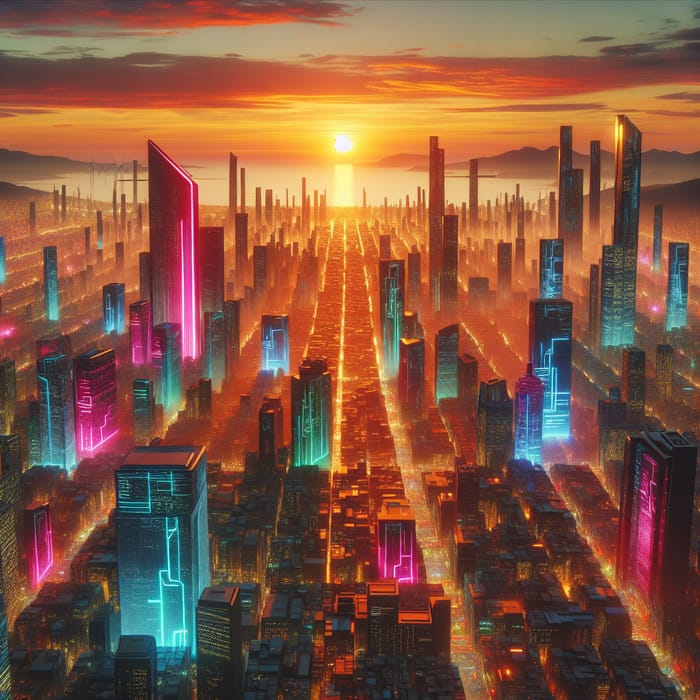 Vibrant Neon Cyberpunk Cityscape at Sunset - Aerial Drone Shot
