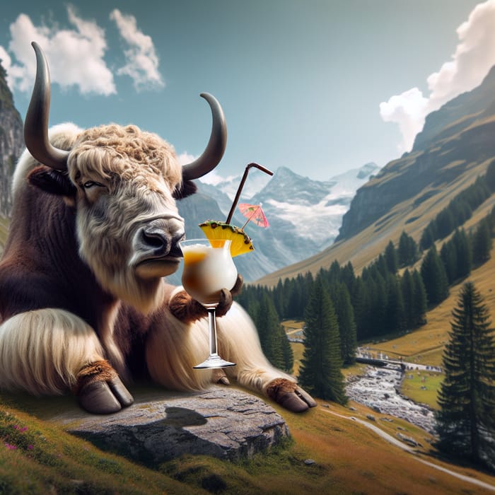 Majestic Yak Enjoying a Sophisticated Cocktail in Alpine Setting