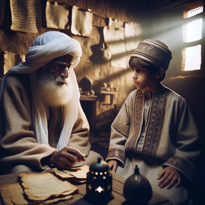 Elderly Mentor in Hut Teaching Young Boy in Pre-Islamic Era