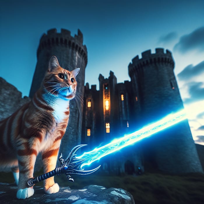 Feline Warrior at Castle with Light Saber