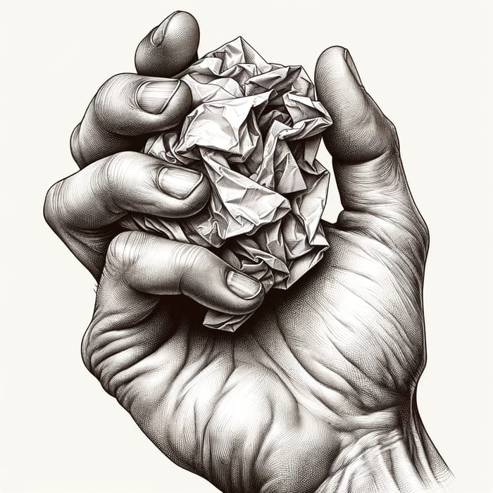 Hand Holding Crumpled Paper Sketch - Detailed Artwork