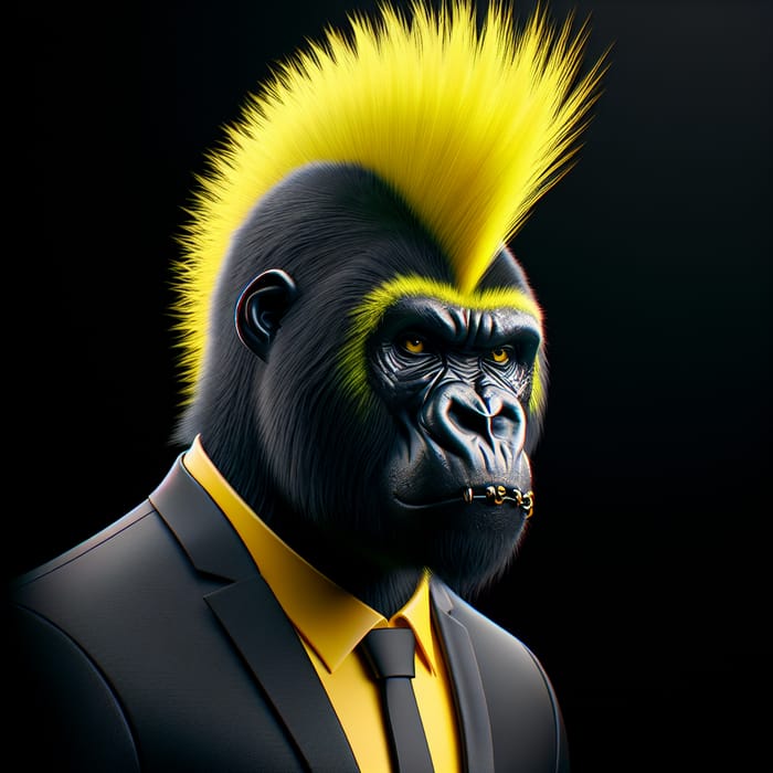 Punk Gorilla Portrait in Vantablack Suit and Yellow Mohawk
