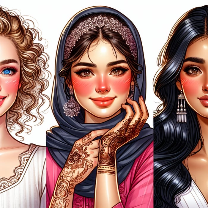 Illustrated Women with Striking Blush - Unity and Beauty Portrayed