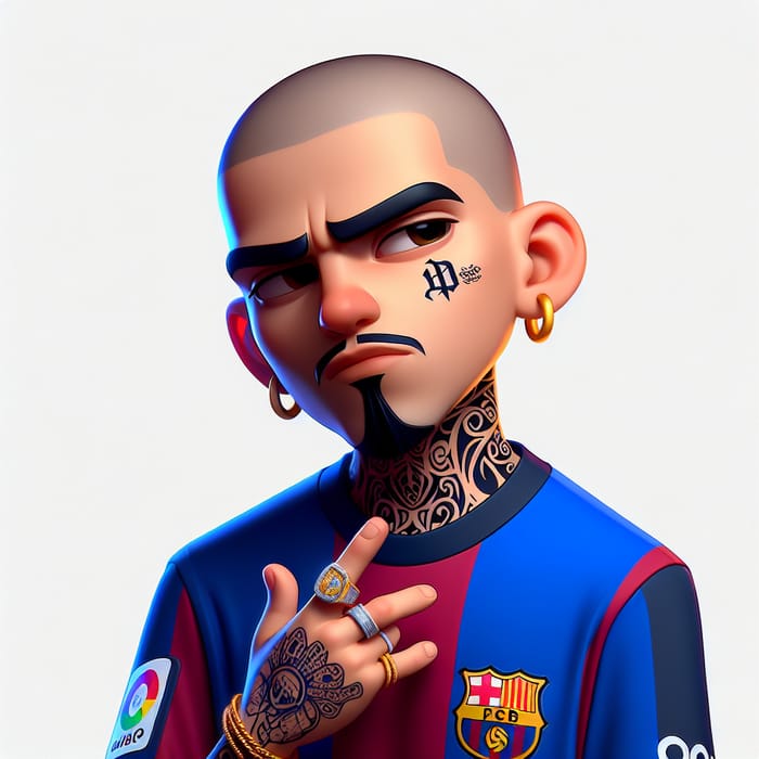 Hispanic Male Rapper with Barcelona Shirt & Tattoos | Pelon Rapero Style