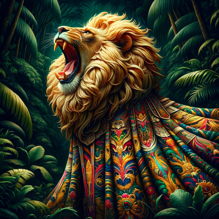 Majestic Lion Roaring in Colorful Jungle Dress