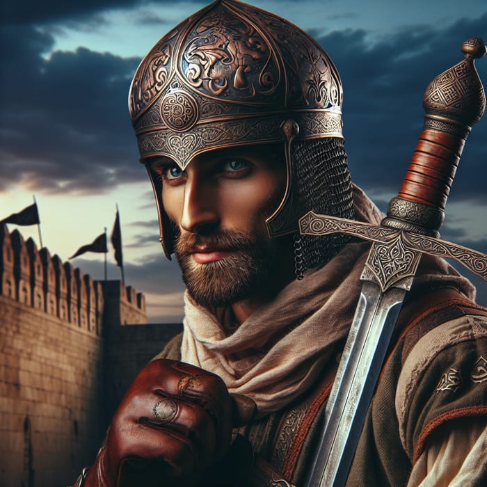 Middle-Eastern Medieval Warrior with Detailed Helmet and Sword