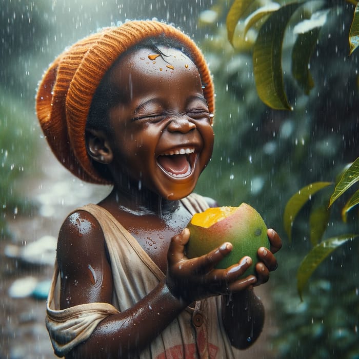 Happy African Child Eating Mango in the Rain