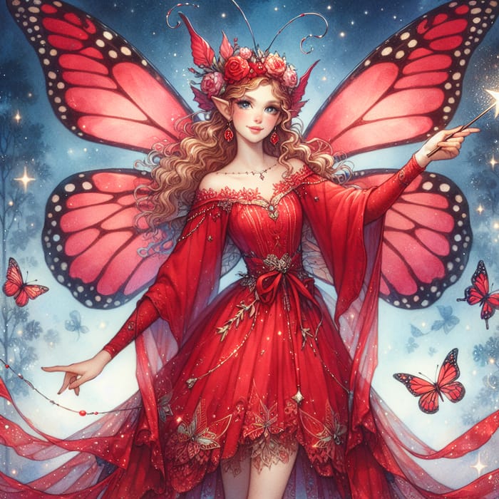 Enchanting Red Fairy with Butterfly Wings and Magic Wand