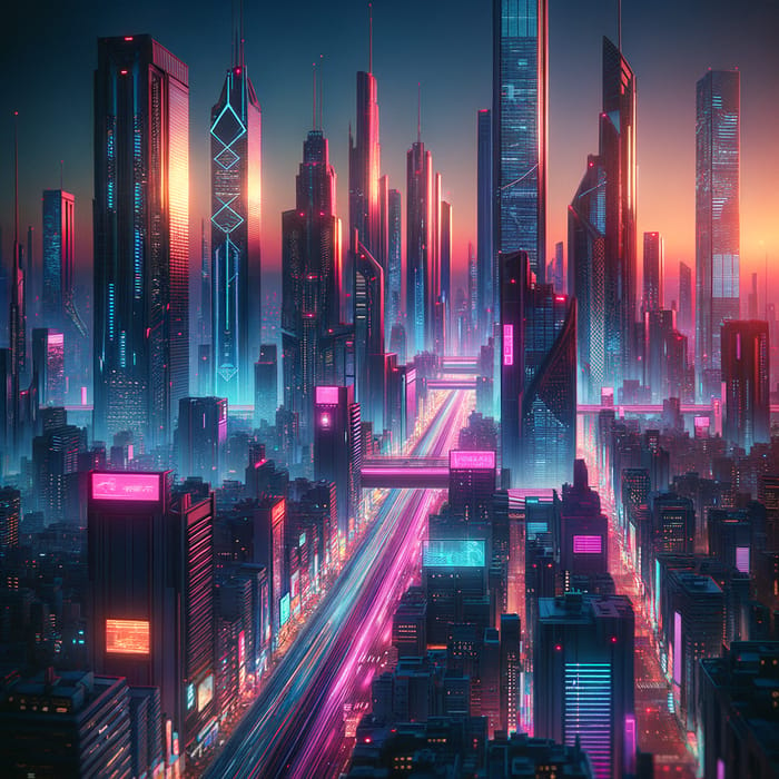Futuristic Cyberpunk Cityscape - Neon Lights and Skyscrapers