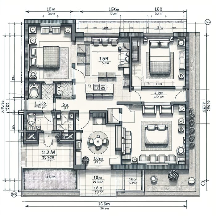 Modern 150 sqm Floor Plan with 2 Bedrooms, Master Bedroom, Wet & Dry Toilet, Living Area & Kitchen