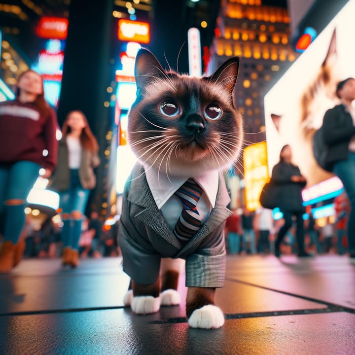 Stylish Siamese Cat Walking in Times Square