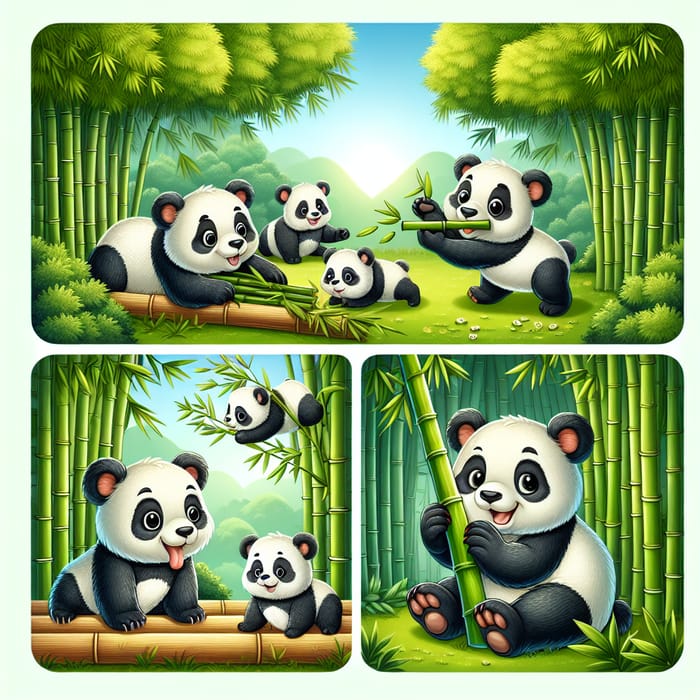 Adorable Pandas in Serene Outdoor Setting with Bamboo Trees