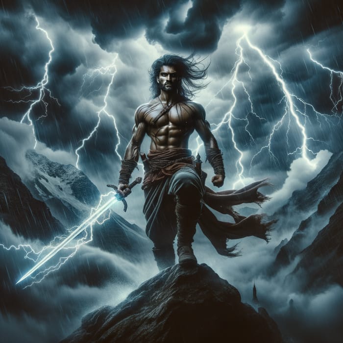 Shirtless Lightning Warrior on Stormy Mountain | Epic Scene