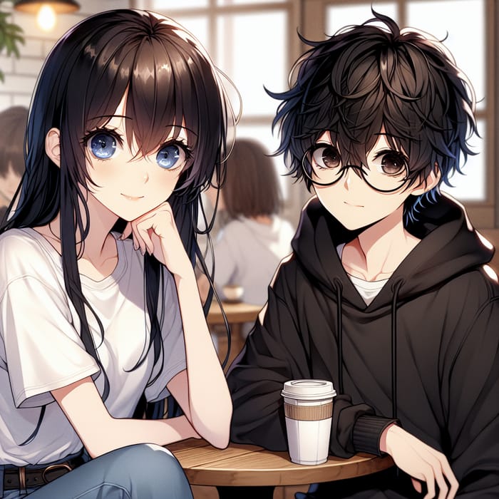 Anime Girl and Boy with Black Hair and Blue Eyes in Café Scene