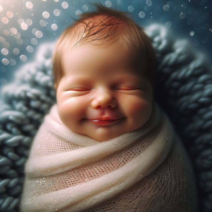 Newborn Baby Swaddled in Warm Blankets on Dark Blue Background