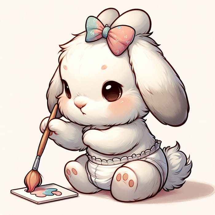 Cartoon Baby Rabbit in Hairbow Painting a Cute Picture