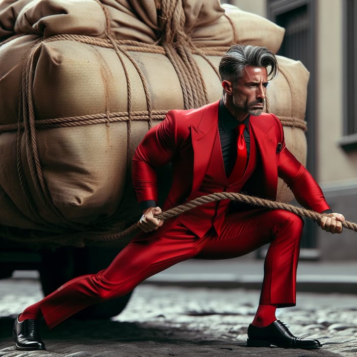 Determined Man in Red Suit Pulling Enormous Load