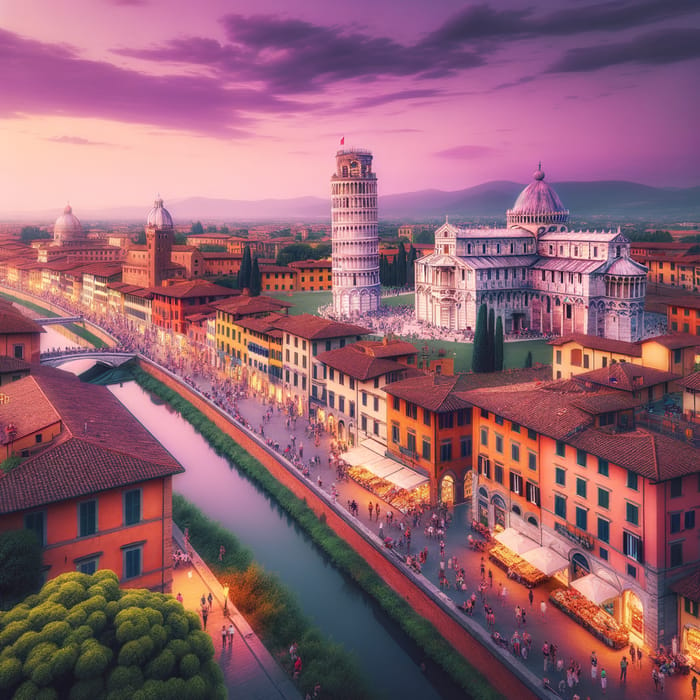 Purple-Hued Sunset Over Leaning Tower of Pisa | Italian Renaissance Cityscape