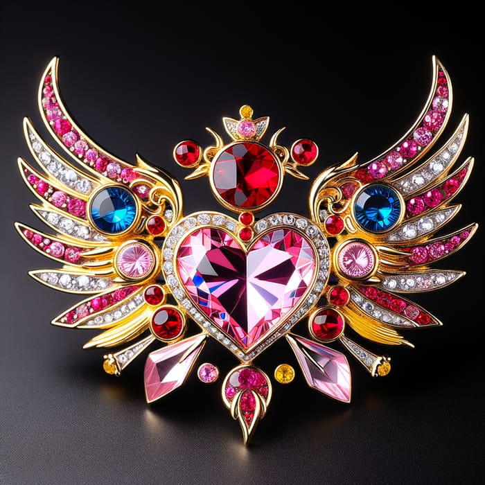 Sailor Moon Heart Brooch with Gemstones & Golden Wings