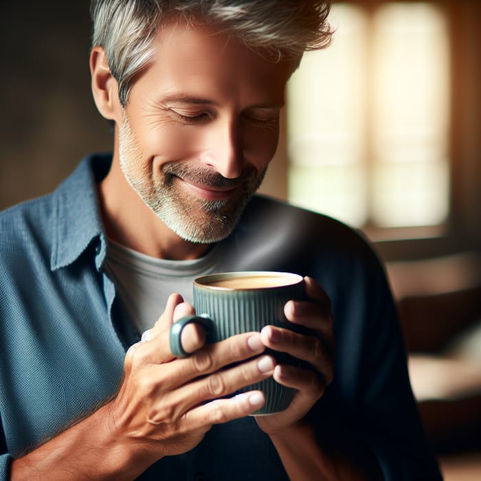 Middle-Aged Man Enjoying Steaming Coffee | Cozy Morning Scene