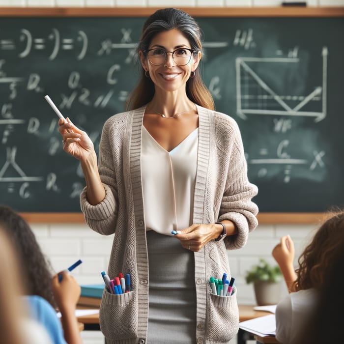 Middle-Aged Hispanic Female Teacher Inspiring Class with Warm Smile