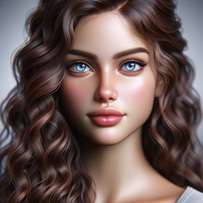 Photorealistic Beautiful Girl with Azure Blue Eyes and Long Curly Brown Hair